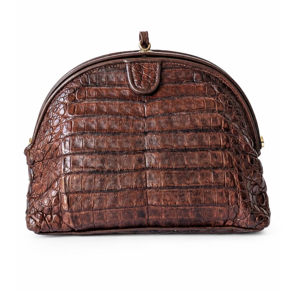 Vintage Genuine Crocodile Clutch Bag Medium Brown Structured Exotic Leather